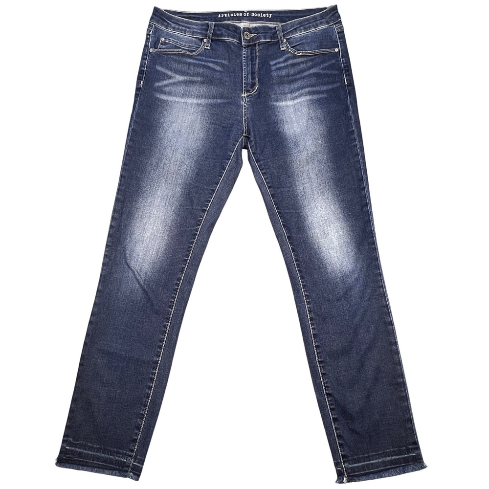 Articles of Society Blue Jeans Whiskered Straight Leg Raw Hem Womens 31